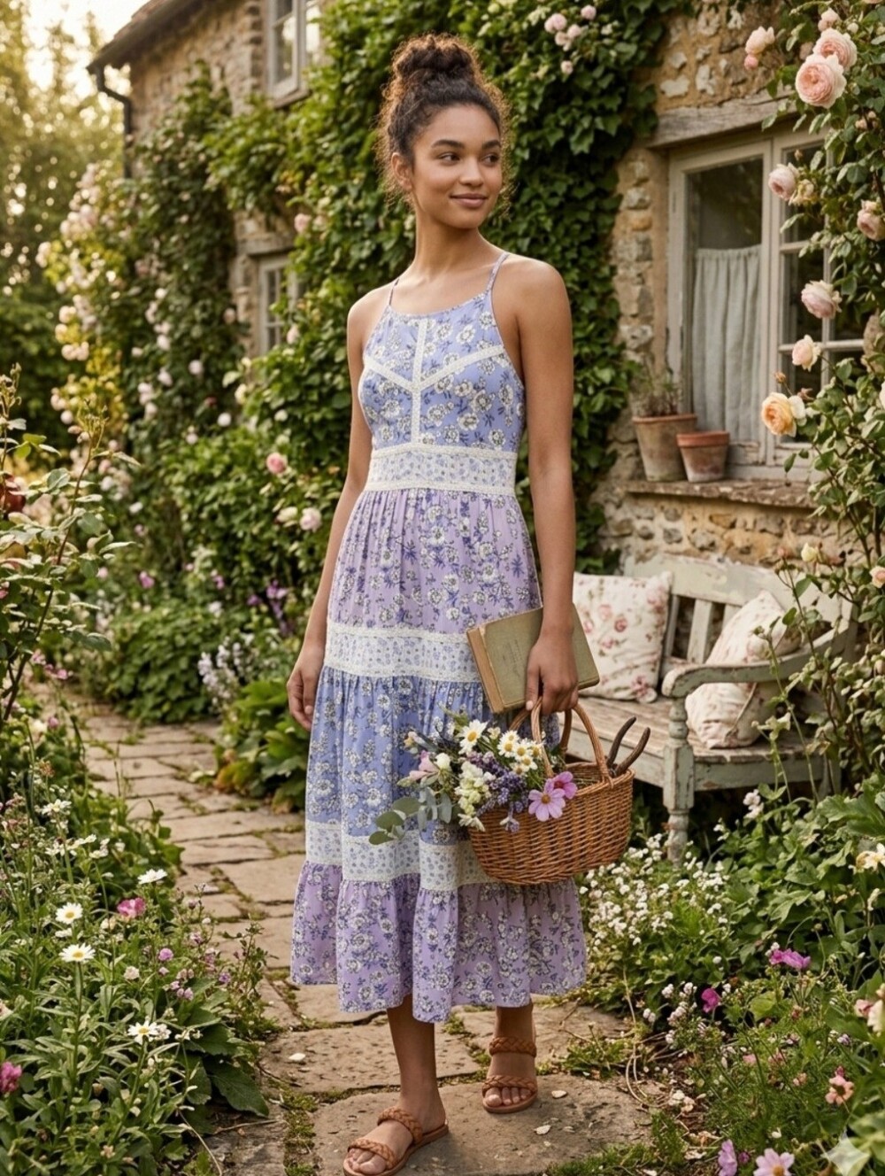 Jessica Simpson Blue Twin Print Tiered Maxi Dress Crochet Lace Trim Boho Floral
